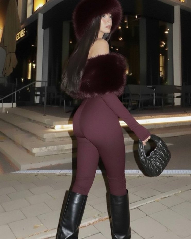 Bordo Kürklü Madonna Yaka Slim Fit Tulum - Görsel 2