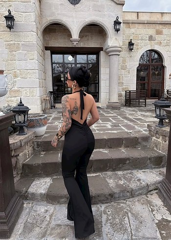 Siyah Sırt Dekolteli V Yaka Kadın Tulum - Görsel 2