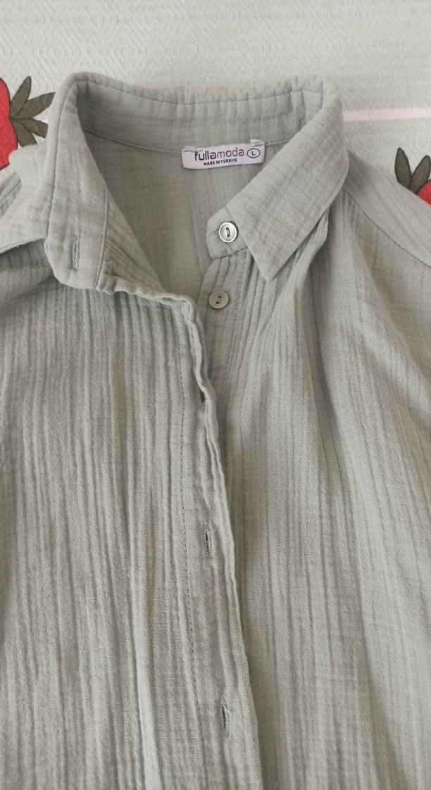 Kadın yeşil Keten Düğmeli Salaş Gömlek - Görsel 2