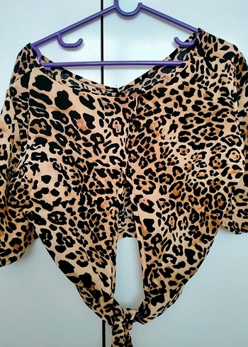 Kahverengi Leopar Desenli V Yaka Bluz - Görsel 5