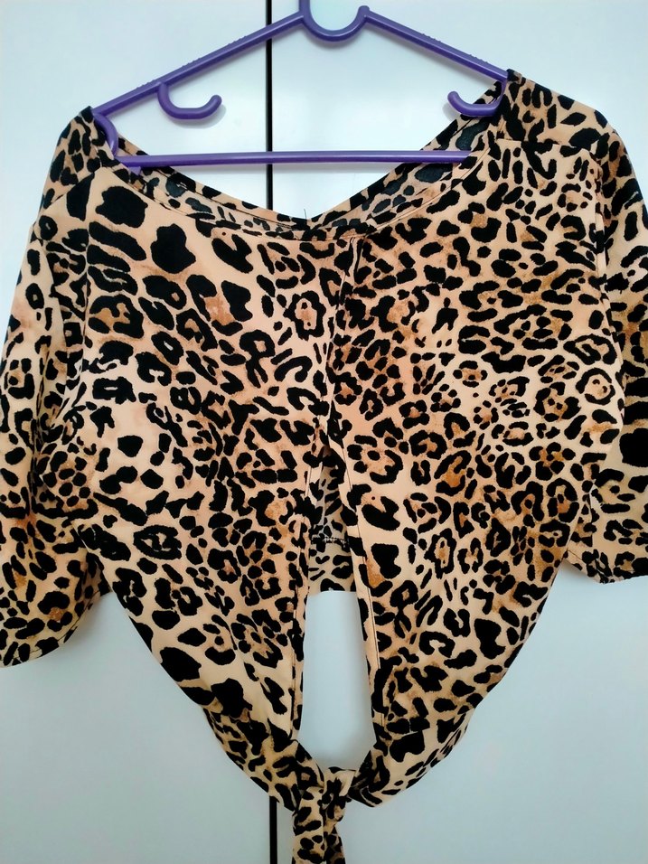 Kahverengi Leopar Desenli V Yaka Bluz - Görsel 5