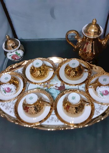 Altın Detaylı Çiçek Desenli Porselen Çay kahve  Seti - Görsel 5