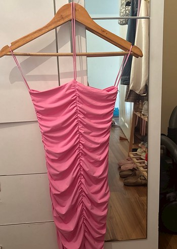 Zara Pembe Straplez Mini Elbise
