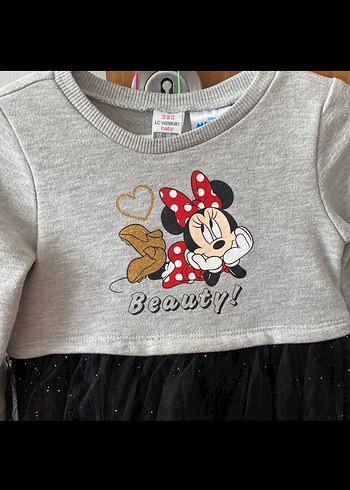 Minnie Baskılı Uzun Kollu Gri Kız Elbise - Görsel 2