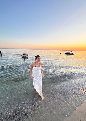 Sahilde Uzun Beyaz Bohem Straplez Denizkızı Gelinlik elbise - Görsel 4