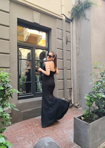 Siyah Straplez Uzun Drapeli Abiye Elbise - Görsel 3