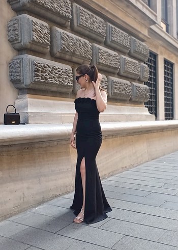 Siyah Straplez Uzun Drapeli Abiye Elbise - Görsel 4