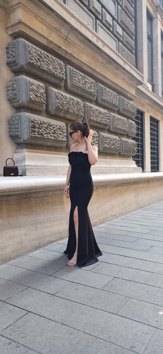 Siyah Straplez Uzun Drapeli Abiye Elbise - Görsel 4