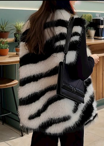 s Beden beyaz Renk Siyah Beyaz Zebra Desenli Kürklü Kadın Yelek