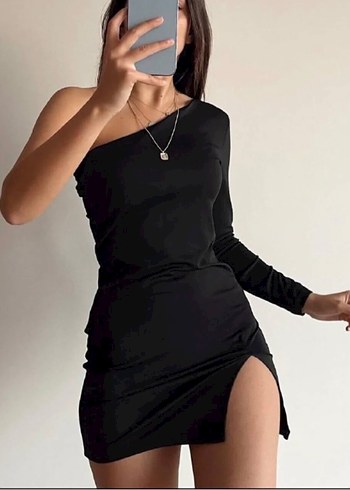 Tek Omuzlu Siyah Mini Elbise