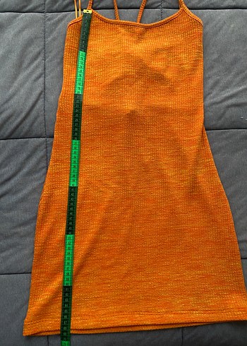 Turuncu Bisiklet Yaka İnce Askılı Triko Mini Elbise - Görsel 2