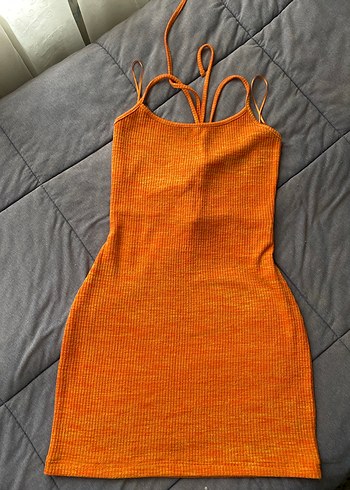 Turuncu Bisiklet Yaka İnce Askılı Triko Mini Elbise - Görsel 4