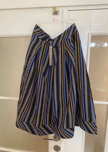 Roman etiketli Çizgili Pilili Midi Etek - Görsel 2