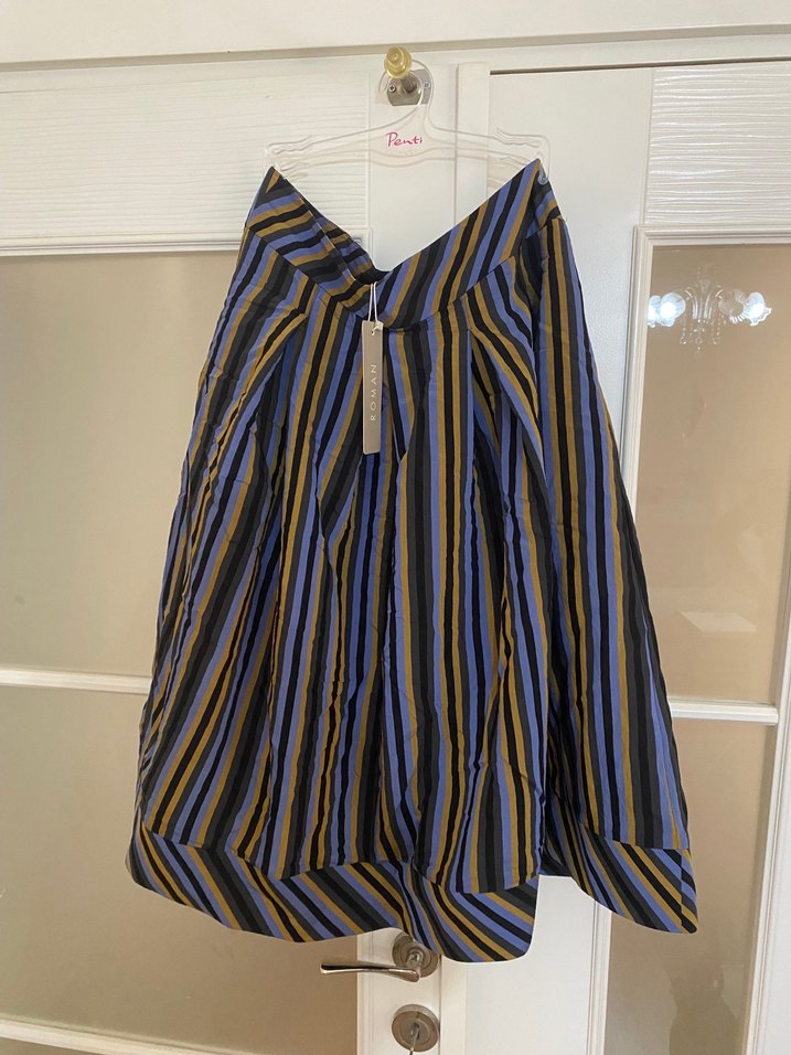 Roman etiketli Çizgili Pilili Midi Etek - Görsel 2