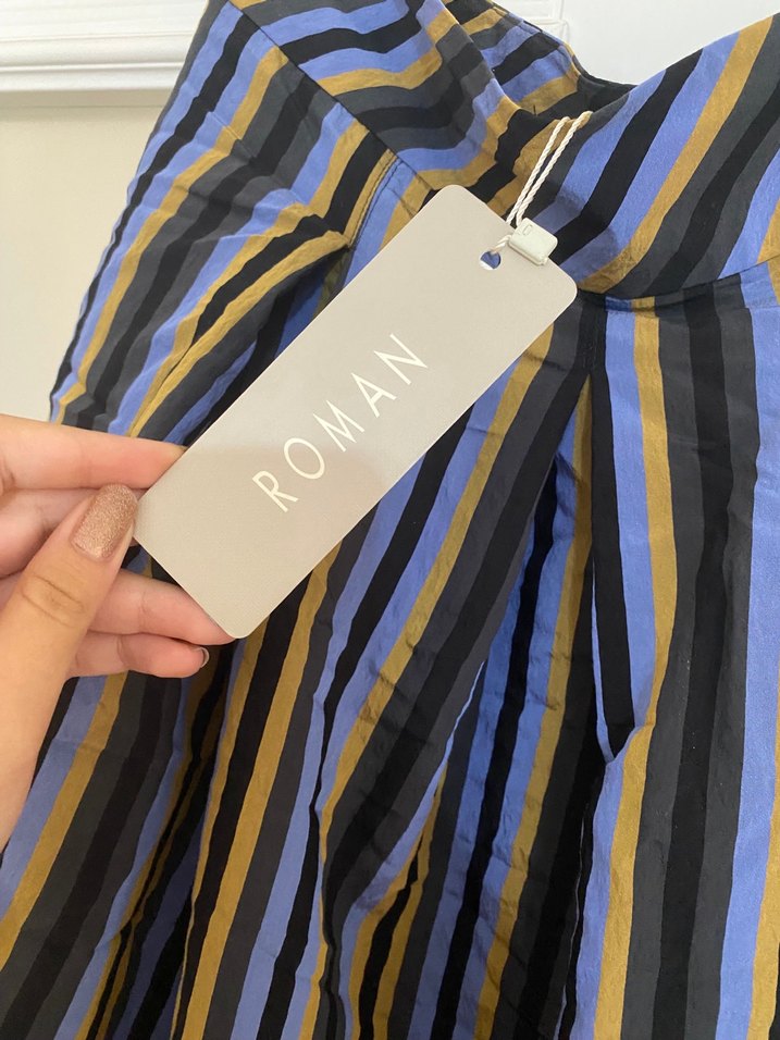 Roman etiketli Çizgili Pilili Midi Etek - Görsel 3