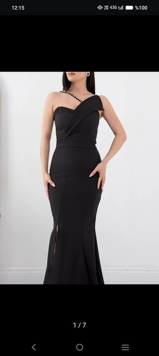 Siyah Uzun V Yaka Drapeli Abiye Elbise - Görsel 2