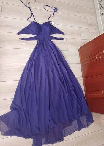 Mor V Yaka Uzun Drapeli Kadın Abiye Elbise - Görsel 2