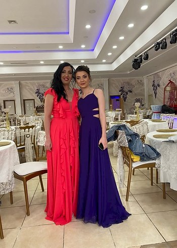 Mor V Yaka Uzun Drapeli Kadın Abiye Elbise - Görsel 4