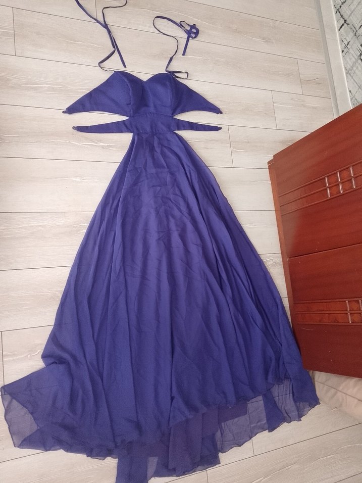 Mor V Yaka Uzun Drapeli Kadın Abiye Elbise - Görsel 2