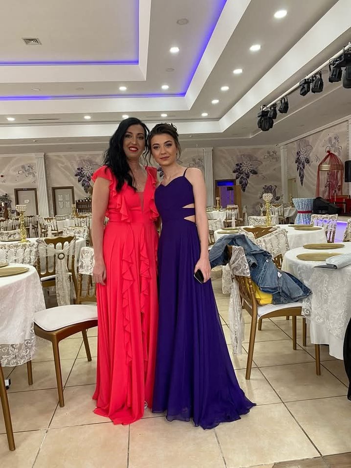 Mor V Yaka Uzun Drapeli Kadın Abiye Elbise - Görsel 4