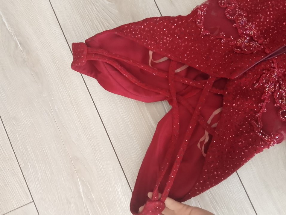 Bordo Parlak Uzun Abiye Elbise - Görsel 3