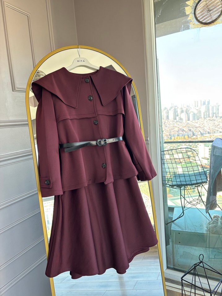 Bordo Kemerli Kadın Uzun Takım - Görsel 3