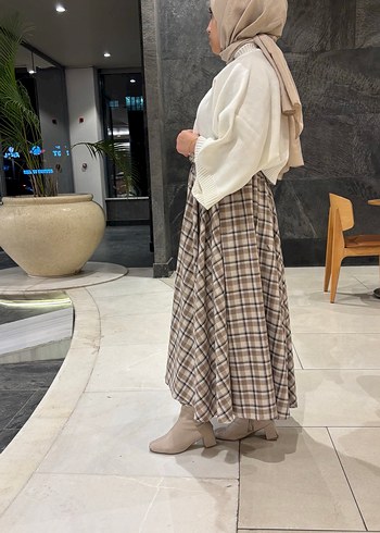 Bej Ekose Pilili Uzun Kadın Etek - Görsel 2