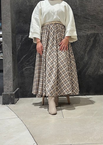 Bej Ekose Pilili Uzun Kadın Etek - Görsel 3