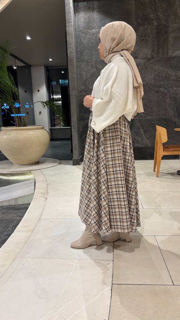 Bej Ekose Pilili Uzun Kadın Etek - Görsel 2