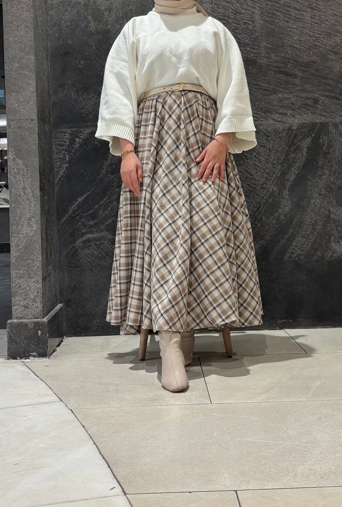 Bej Ekose Pilili Uzun Kadın Etek - Görsel 3