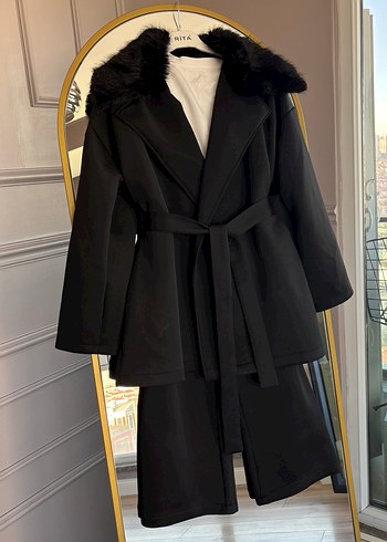 Kürk Detaylı Siyah Kadın takım - Görsel 4