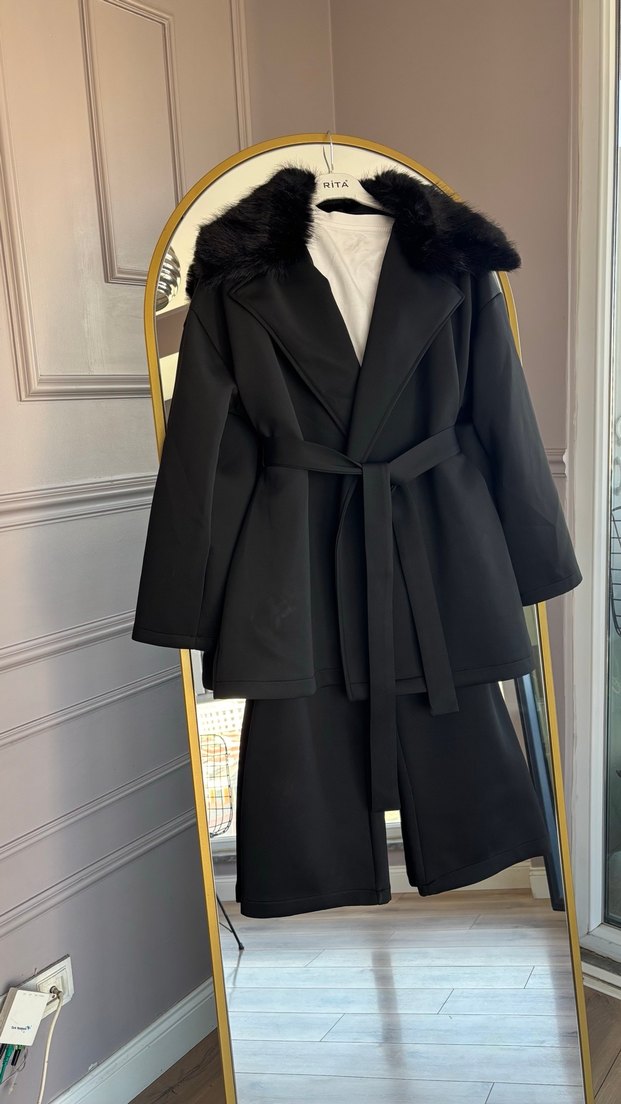 Kürk Detaylı Siyah Kadın takım - Görsel 3