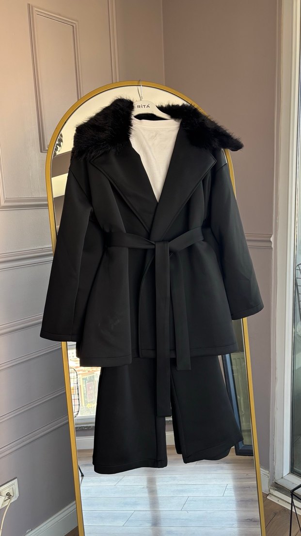 Kürk Detaylı Siyah Kadın takım - Görsel 2