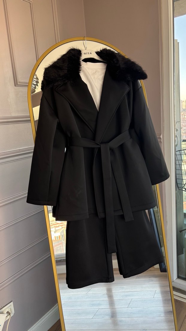 Kürk Detaylı Siyah Kadın takım - Görsel 4