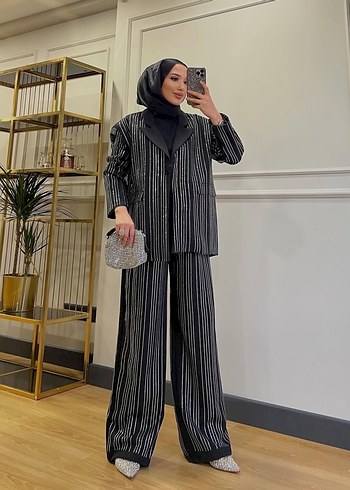 Kadın Siyah taşlı Uzun Ceket takım - Görsel 2