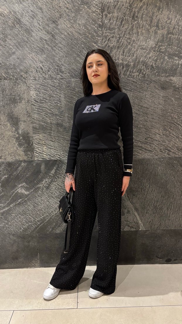 Taşlı Siyah Kadın Kumaş Pantolon - Görsel 3