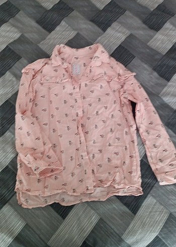 Pembe Desenli Düğmeli Uzun Kollu Kız Gömlek - Görsel 2