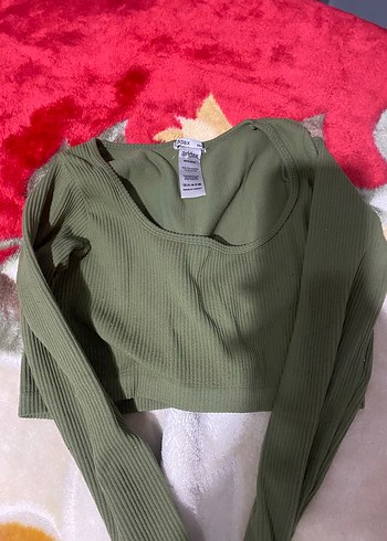 Kadın Haki Crop Top, Uzun Kollu, Düz Yaka - Görsel 3