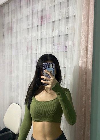 Kadın Haki Crop Top, Uzun Kollu, Düz Yaka - Görsel 2