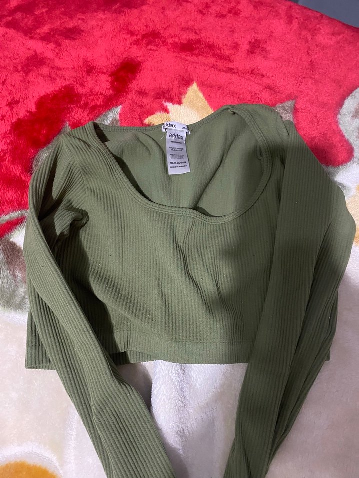 Kadın Haki Crop Top, Uzun Kollu, Düz Yaka - Görsel 3