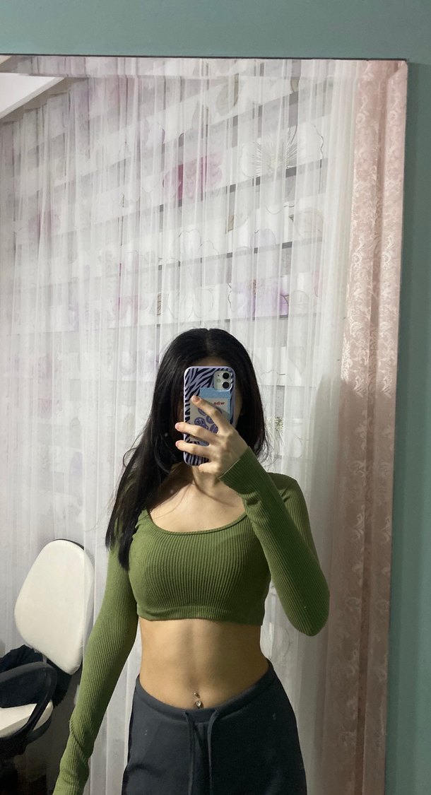 Kadın Haki Crop Top, Uzun Kollu, Düz Yaka - Görsel 2