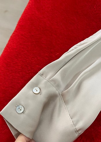 Düğmeli Bej Saten Gömlek - Görsel 3