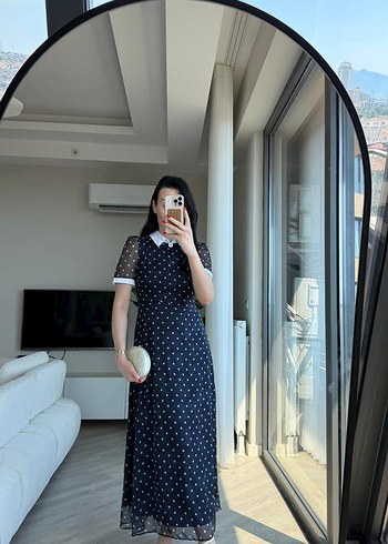 s Beden Lacivert Puantiyeli Dantel Detaylı Uzun Elbise