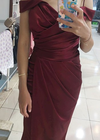 s Beden Bordo Drapeli Uzun Abiye Elbise