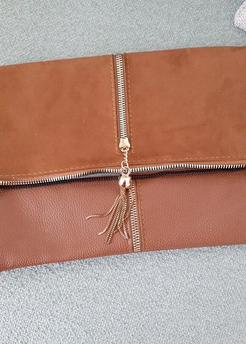 Bej Süet Fermuarlı Kadın Clutch Çanta - Görsel 3