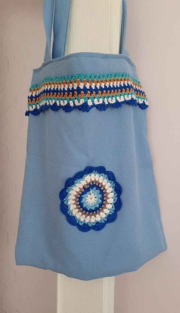 Nakışlı ve Boncuklu Mavi Örgü Kol Çantası - Görsel 2