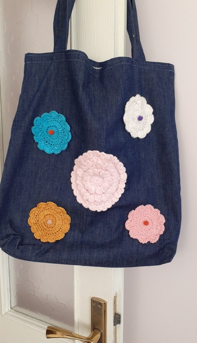 Çiçekli Dantel Detaylı Kot Kol Çantası - Görsel 2