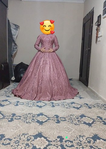 Uzun Kollu Desenli pembe Sade Nişan Elbisesi