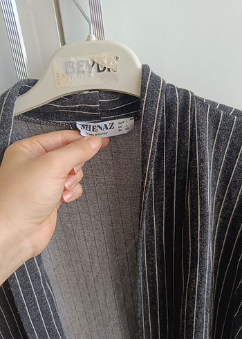 40 Beden Gri Çizgili Uzun Kollu Midi Keten Kimono