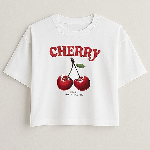 Cherry özel tasarım baskılı kadın beyaz oversize tshirt